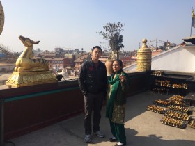 We chartered a private tour of Kathmandu Valley with a focus on earthquake damaged areas. Here is Austin with our guide Sujan at Boudhanath Stupa, one of Kathmandu’s several World Heritage sites, and one that was very damaged after the earthquake