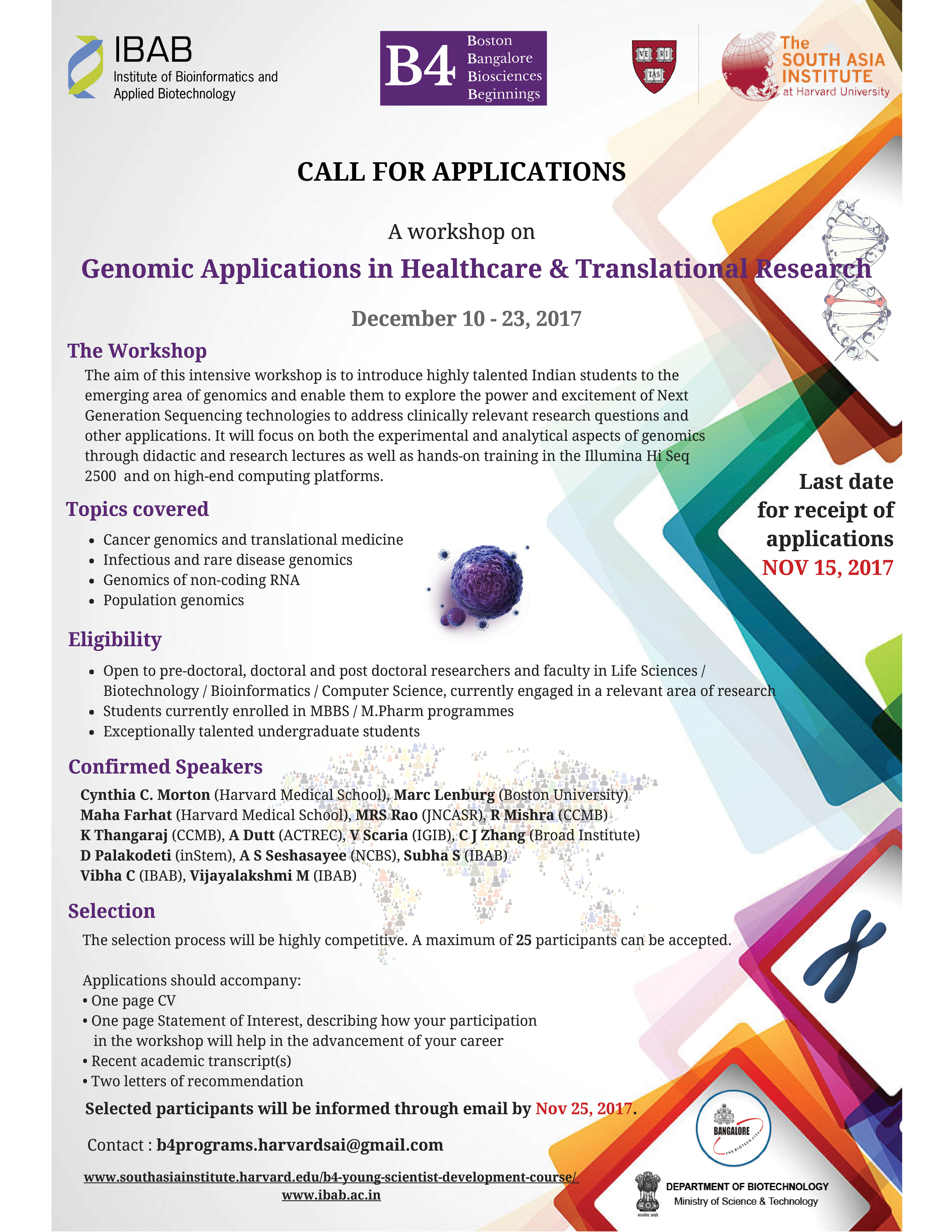 Call for applications: A Workshop on Genomic Applications in Healthcare & Translational Research