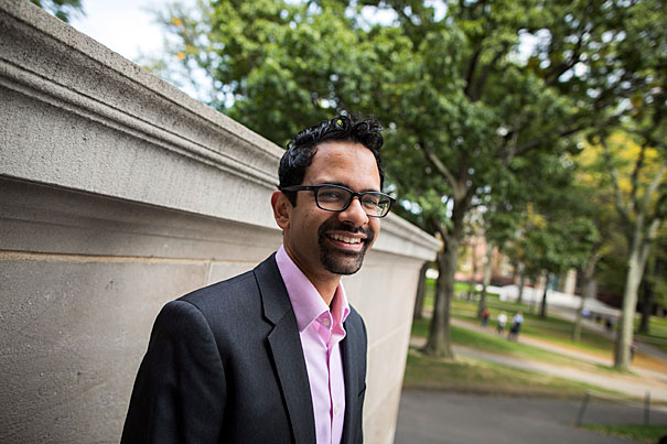 Sunil Amrith, the Mehra Family Professor of South Asian Studies, has been awarded a MacArthur Fellowship. He is pictured by Widener Library at Harvard University. Stephanie Mitchell/Harvard Staff Photographer