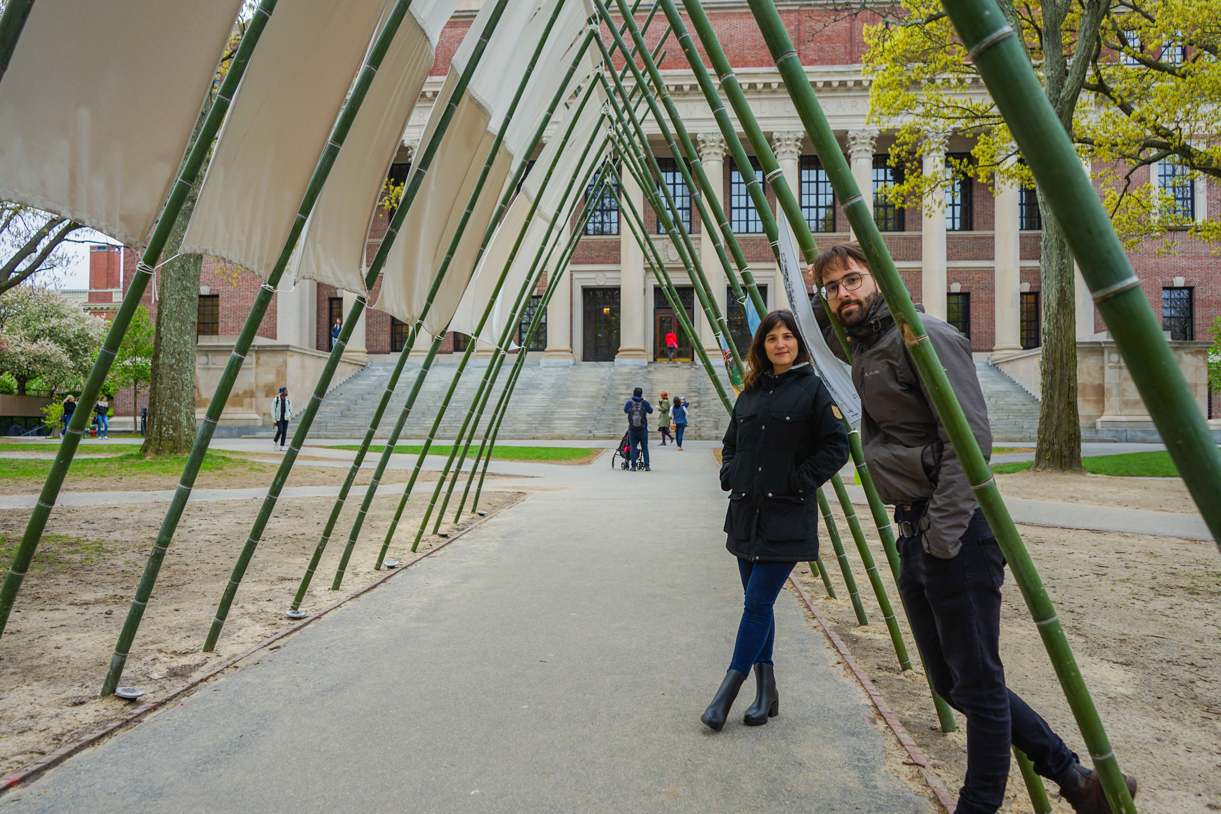 Nadyeli Quiroz Radaelli (left) and John David Wagner (right) with the Living Form installation on Harvard Yard.