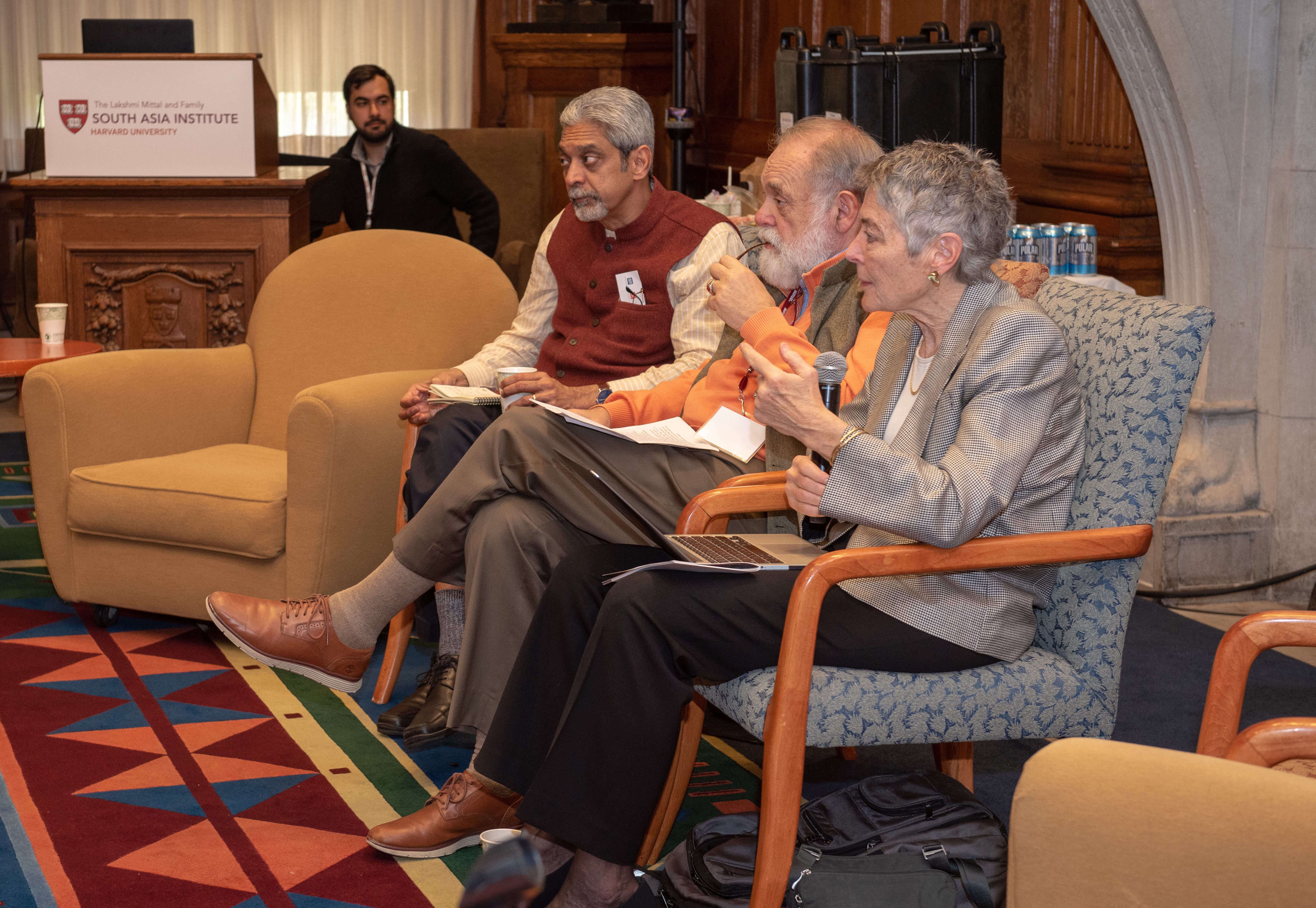 Vikram Patel, Richard Cash, and Jennifer Leaning speak during the Health in South Asia session.