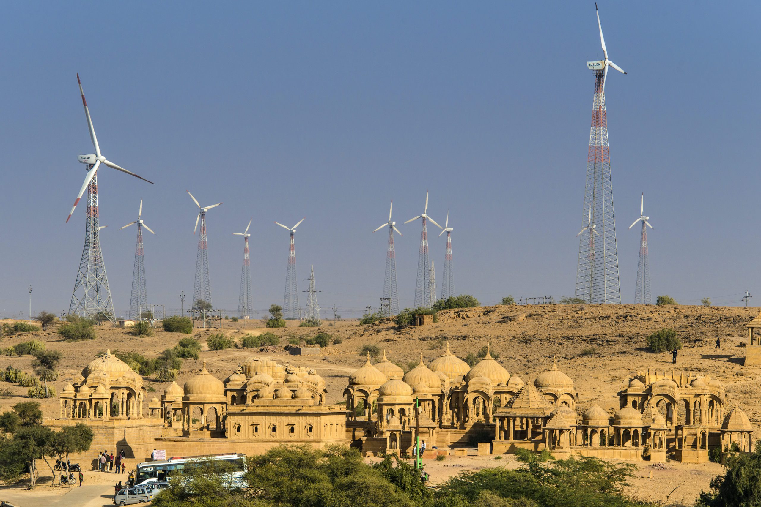 IINDIA, RAJASTHAN, JAISALMER, Chattris of Bada Bagh near Jaisalmer surrounded by wind generators