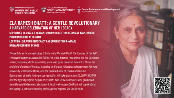A poster of Ela Bhatt's memorial at Harvard University