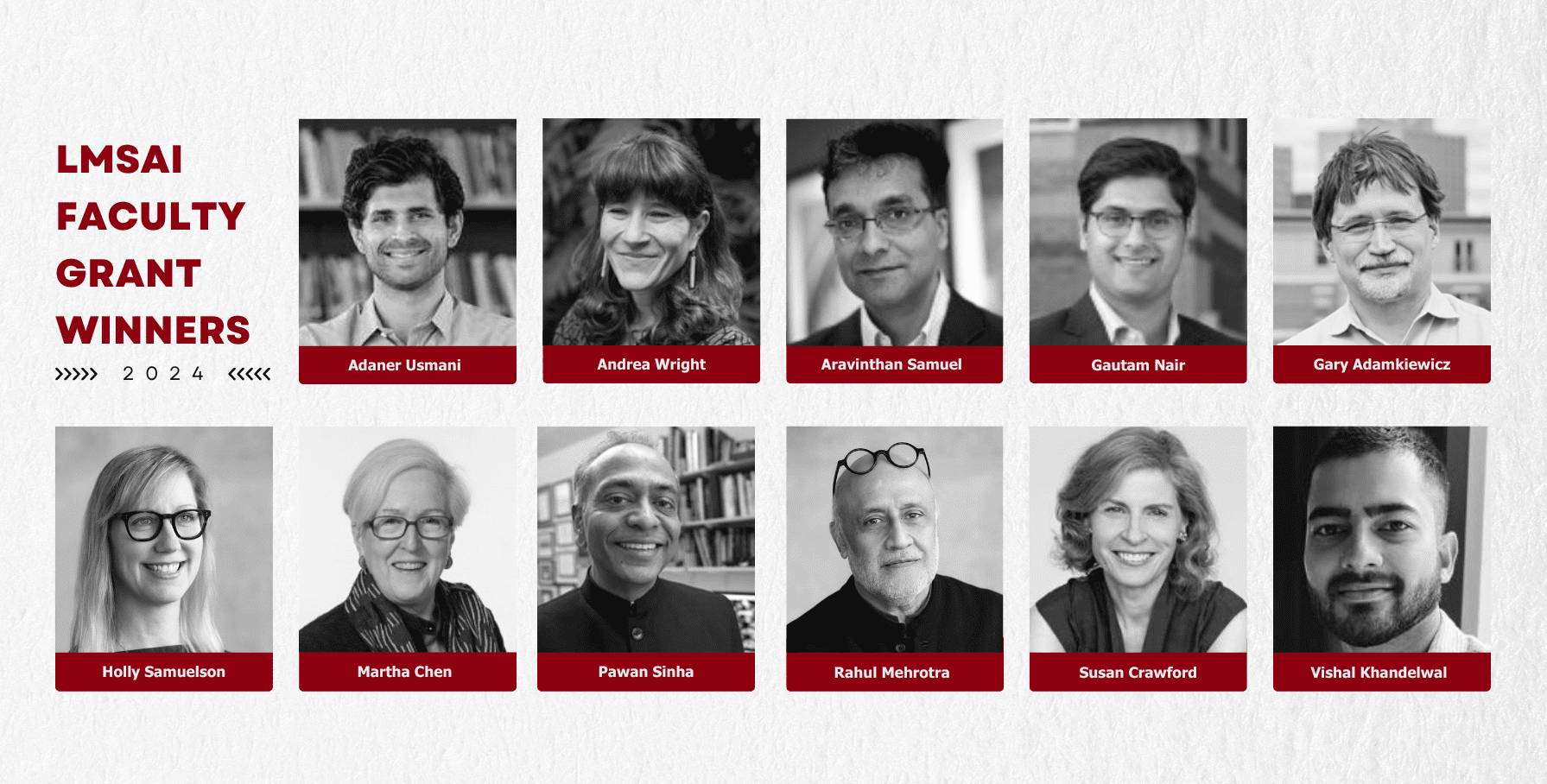 Faculty Grant Winners 2024 LMSAI Faculty Research Grant Recipients (clockwise, left to right): Adaner Usmani, Andrea Wright, Aravinthan Samuel, Gary Adamkiewicz, Gautam Nair, Holly Samuelson, Martha Chen, Pawan Sinha, Rahul Mehrotra, Susan Crawford, Vishal Khandelwal.