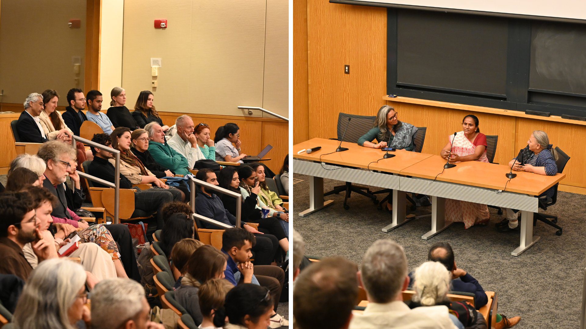 HUM SAB EK Opening 2 Photo of the audience (left) and a photo of the speakers Kapilaben Bhailalbhai Vankar and Reemaben Nanavaty in conversation with moderator Sarita Gupta (right)