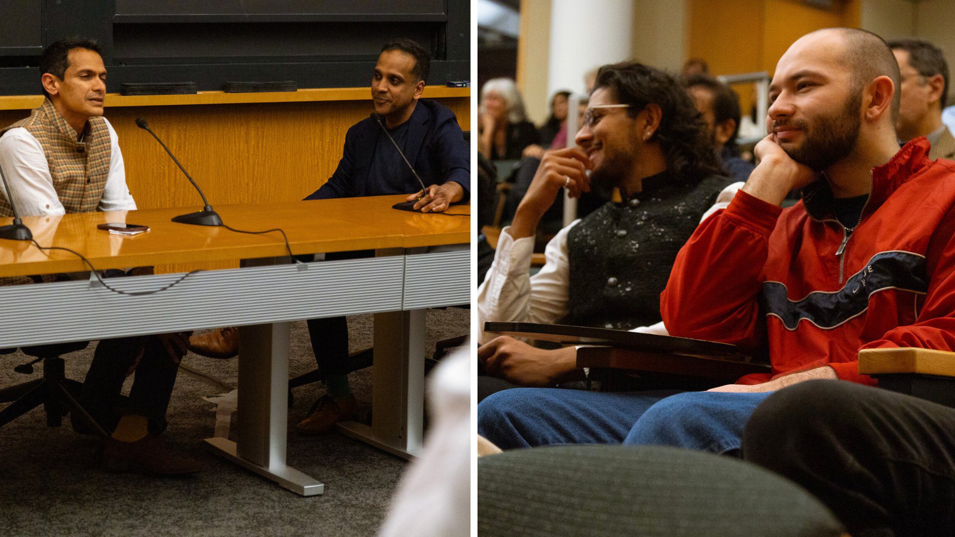 HUM SAB EK Opening 3 Photo of Satchit Balsari in conversation with Rishi K. Goyal (left) and photo of students in the audience (right)