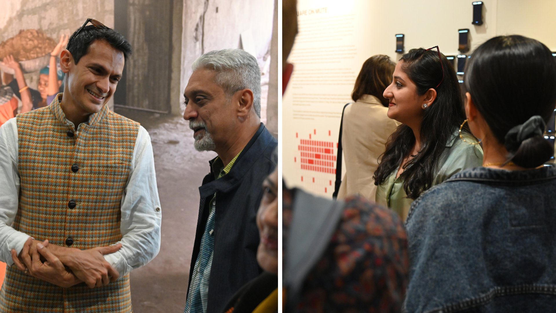 HUM SAB EK Opening 5 Photo of Satchit Balsari and Vikram Patel in front of an installation (left) and photo of Hiteshree Das among attendees on front of an installation (right)