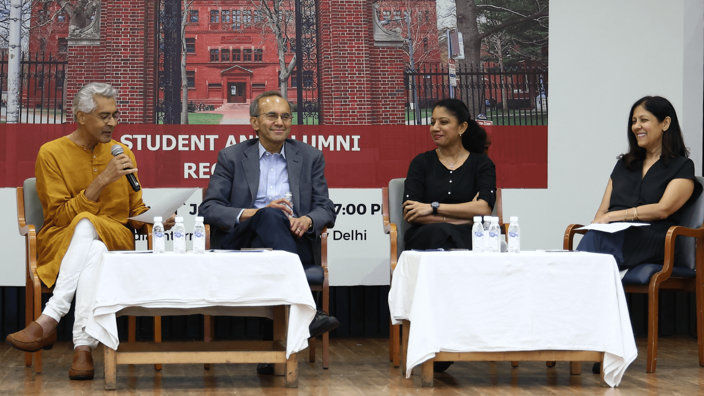 11 “Harvard New Students and Alumni Reception” on July 31, 2024. (from left to right) Hitesh Hathi, Tarun Khanna, Laxmi Priya, and Radhika Chopra.