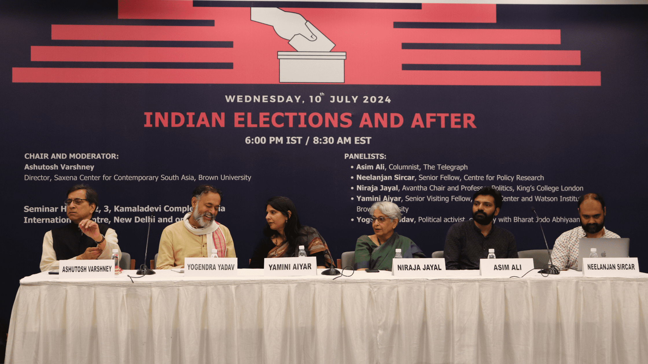 Summer Recap news piece-4 “Indian Elections and After” panel discussion on July 10, 2024. (from left to right) Ashutosh Varshney, Yogendra Yadav, Yamini Aiyar, Niraja Jayal, Asim Ali, and Neelanjan Sircar.