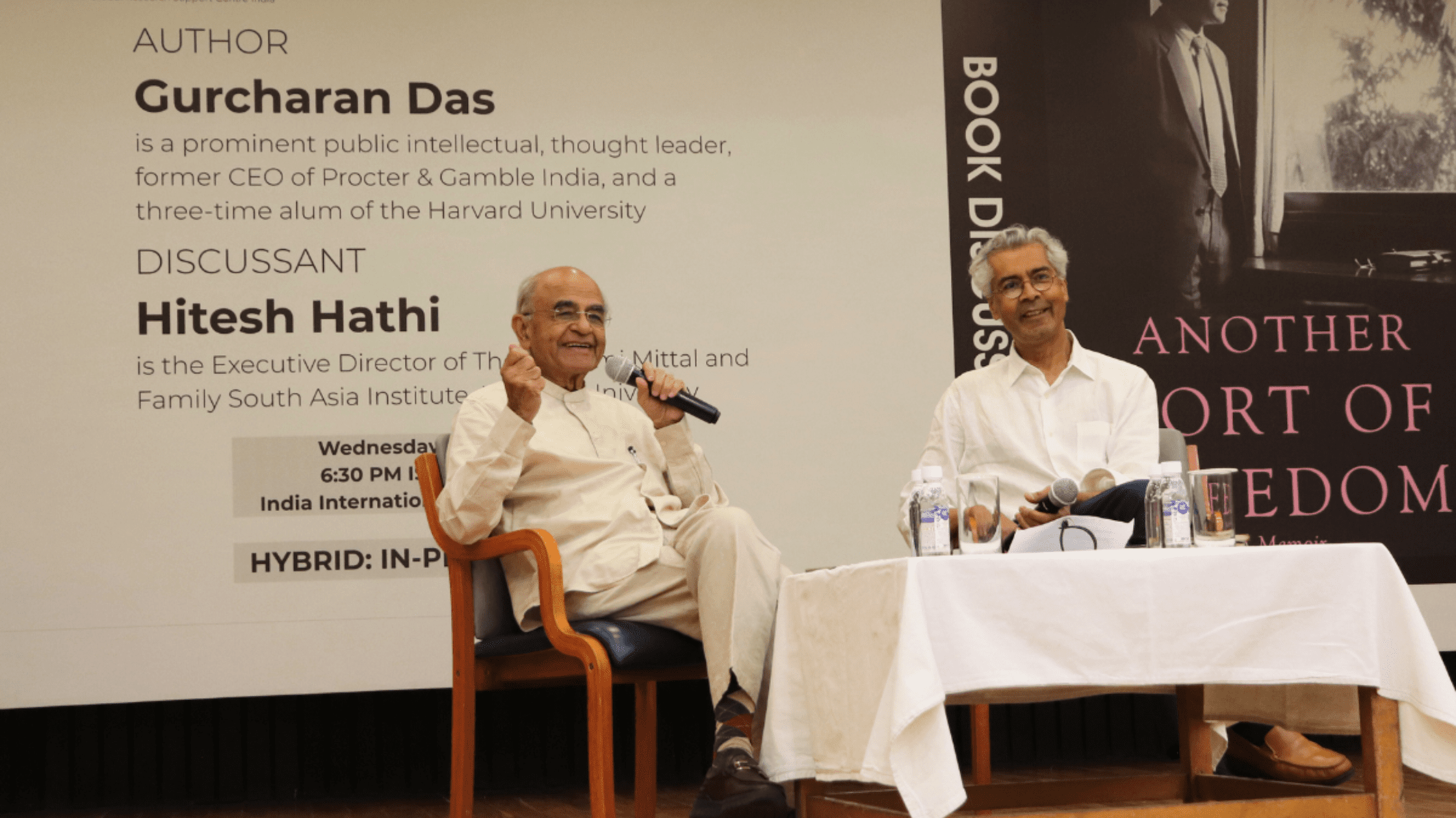 Summer Recap news piece-5 Gurcharan Das (left) and Hitesh Hathi (right) at the “Another Sort of Freedom: Book Talk with Gurcharan Das” on June 12, 2024.