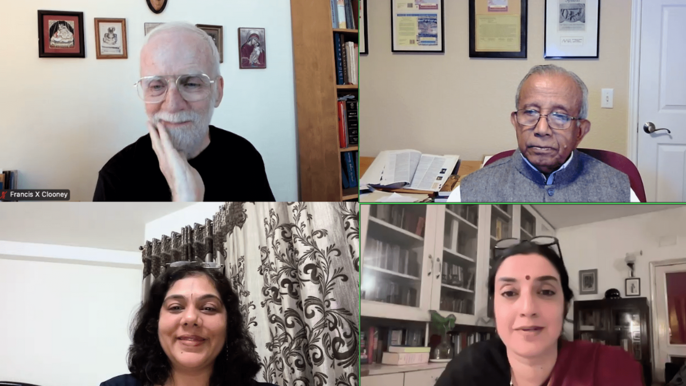 Summer Recap news piece-6 “Revisiting Shastraic Reasoning: The Contribution of Mimamsa and Vedanta to a Contemporary Hindu Ethics” session on August 28, 2024. (clockwise from the top) Francis X. Clooney, Patrick Olivelle, Ananya Vajpeyi, and Monika Setia.