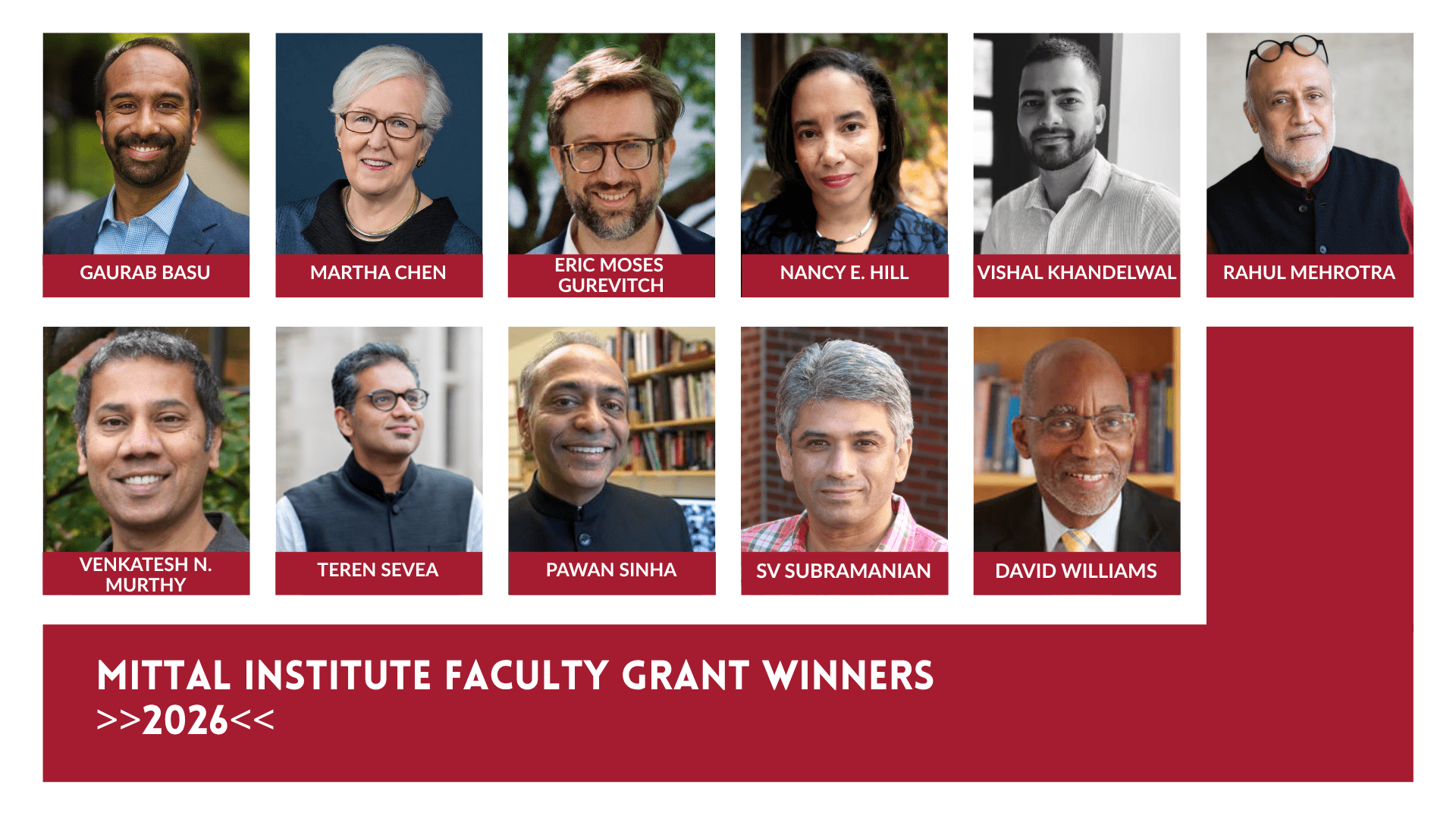 3 LMSAI Faculty Research Grant Recipients (clockwise, left to right): Adaner Usmani, Andrea Wright, Aravinthan Samuel, Gary Adamkiewicz, Gautam Nair, Holly Samuelson, Martha Chen, Pawan Sinha, Rahul Mehrotra, Susan Crawford, Vishal Khandelwal.